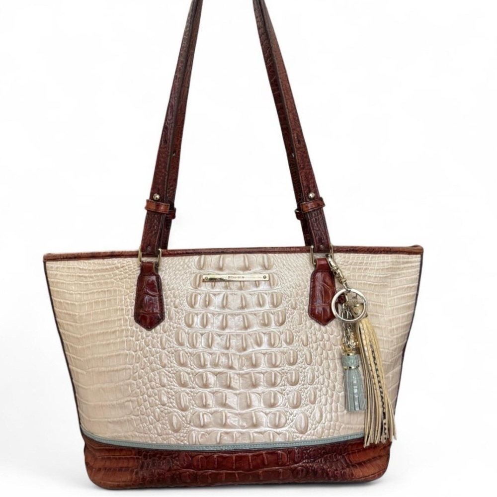 Brahmin Cream and Brown Croc-Embossed Tote